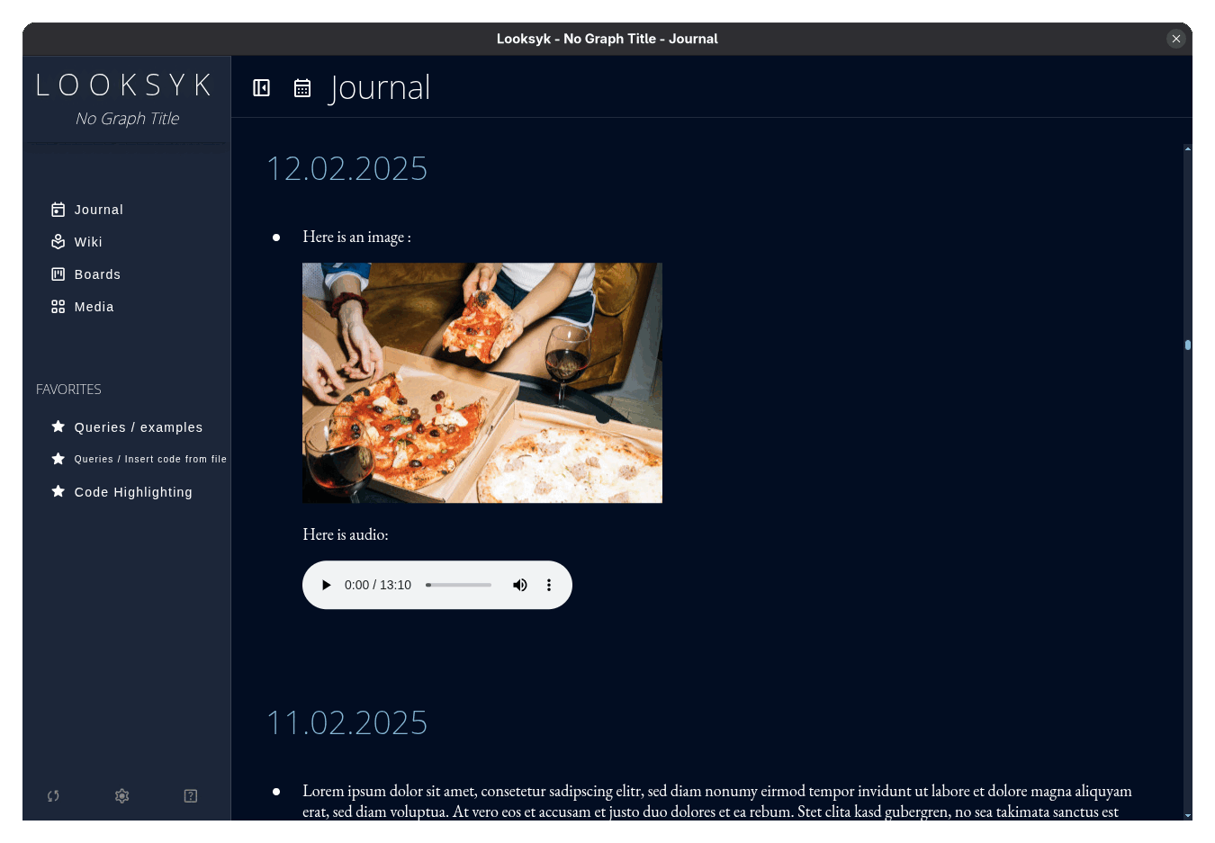 Short demo of Looksyk showing wiki, journal, boards and queries